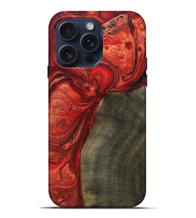 iPhone 15 Pro Max Wood+Resin Live Edge Phone Case - Esmeralda (Red, 668866)