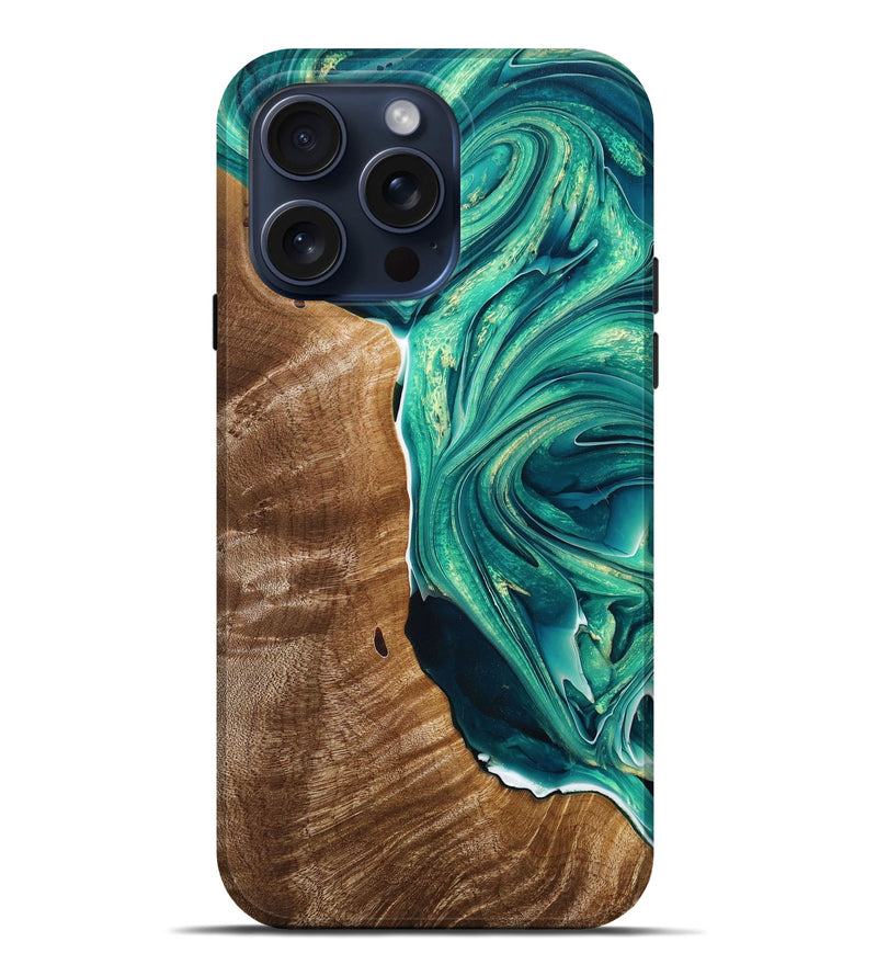 iPhone 15 Pro Max Wood+Resin Live Edge Phone Case - Cleo (Green, 669080)