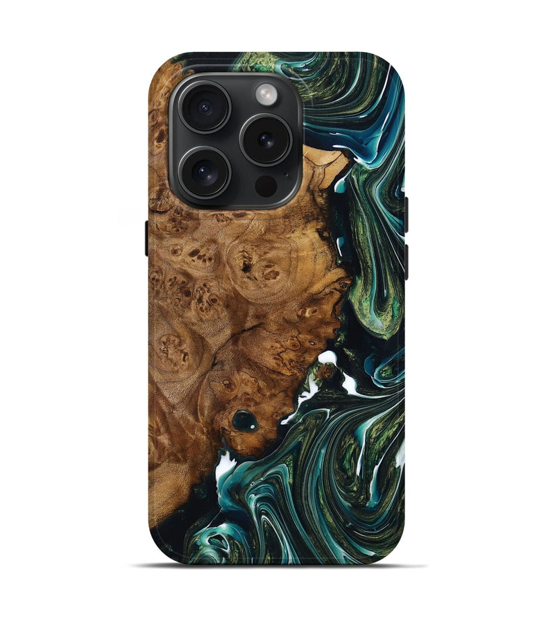 iPhone 15 Pro Wood+Resin Live Edge Phone Case - Saul (Green, 669082)