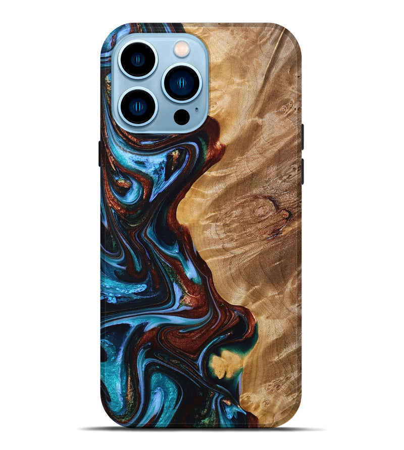 iPhone 14 Pro Max Wood+Resin Live Edge Phone Case - Gabriel (Teal & Gold, 669086)