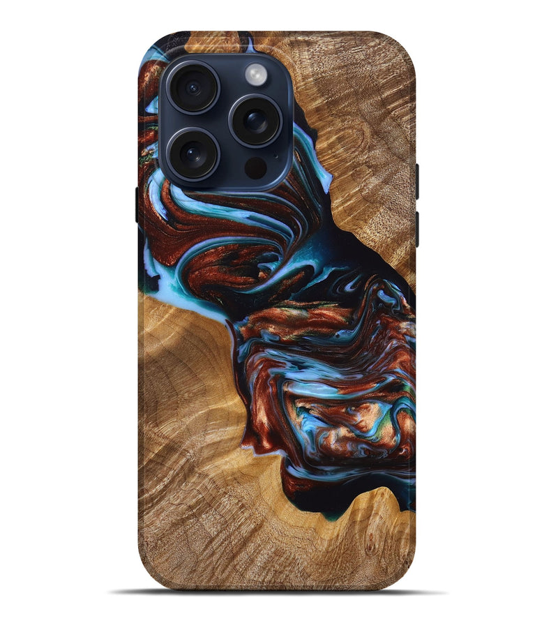 iPhone 15 Pro Max Wood+Resin Live Edge Phone Case - Sammy (Teal & Gold, 669087)