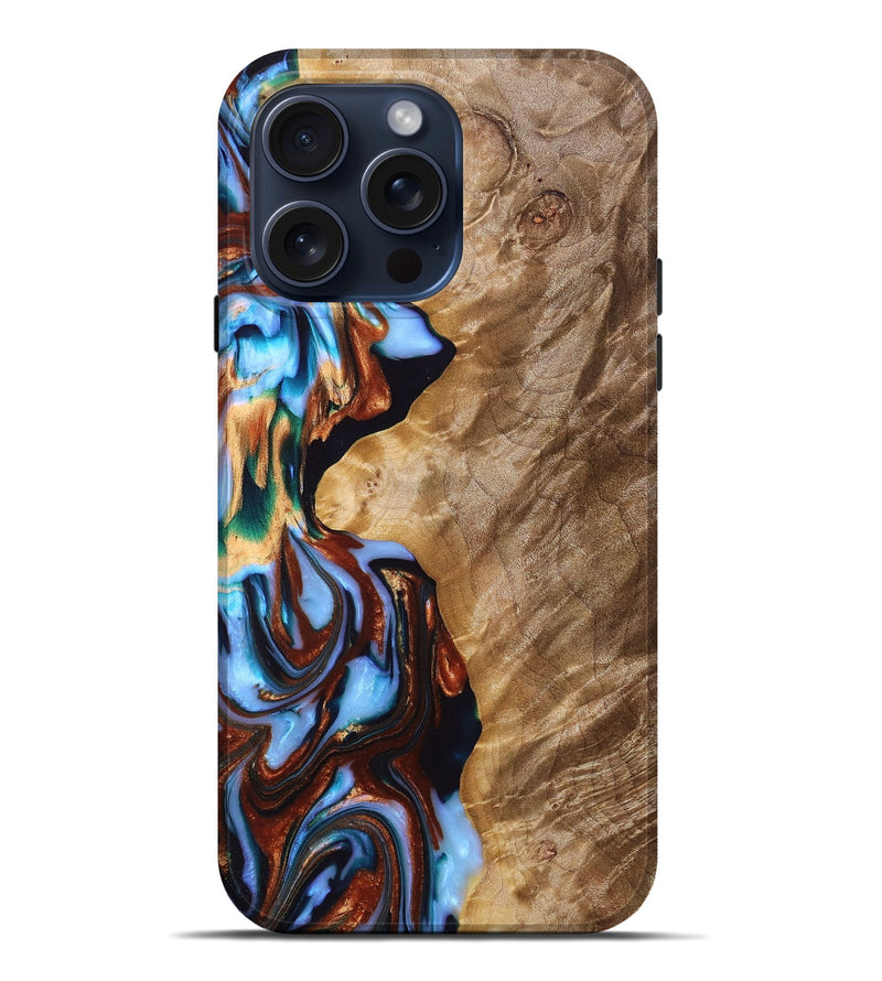 iPhone 15 Pro Max Wood+Resin Live Edge Phone Case - Leonard (Teal & Gold, 669089)