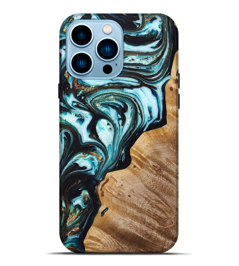 iPhone 14 Pro Max Wood+Resin Live Edge Phone Case - Patty (Teal & Gold, 669090)