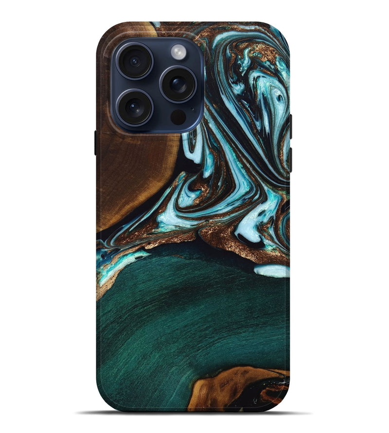 iPhone 15 Pro Max Wood+Resin Live Edge Phone Case - Ariel (Teal & Gold, 669092)
