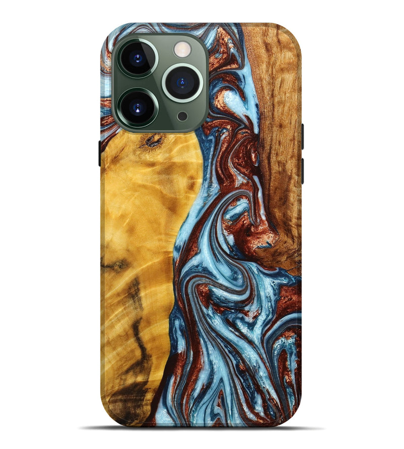 iPhone 13 Pro Max Wood+Resin Live Edge Phone Case - Tami (Teal & Gold, 669093)