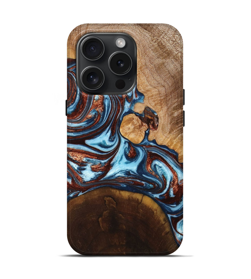 iPhone 15 Pro Wood+Resin Live Edge Phone Case - Julia (Teal & Gold, 669094)