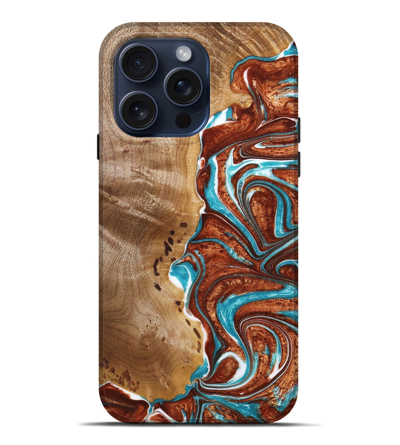 iPhone 15 Pro Max Wood+Resin Live Edge Phone Case - Erin (Teal & Gold, 669095)