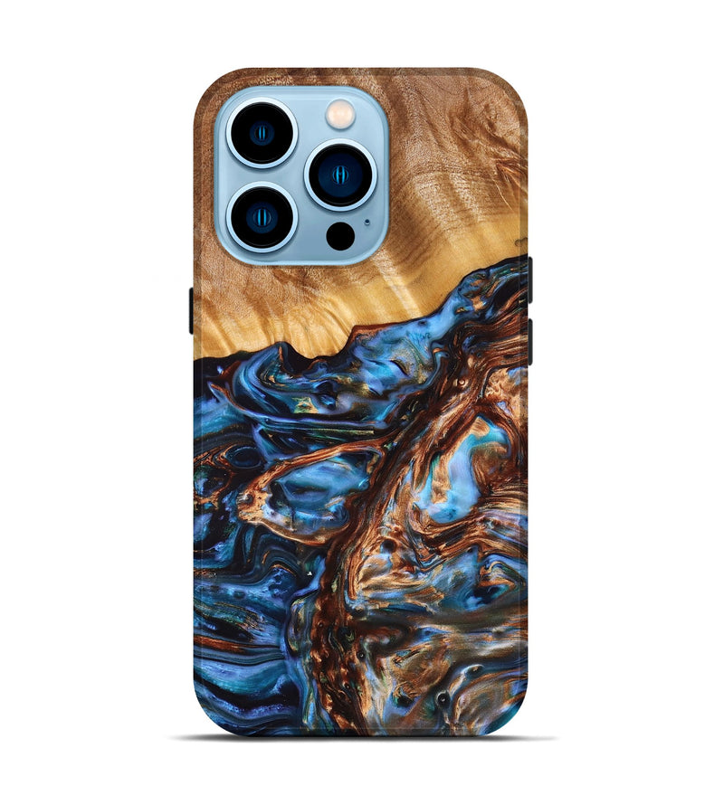 iPhone 14 Pro Wood+Resin Live Edge Phone Case - Kyle (Teal & Gold, 669096)
