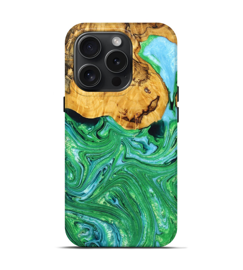 iPhone 15 Pro Wood+Resin Live Edge Phone Case - Carter (Green, 669266)