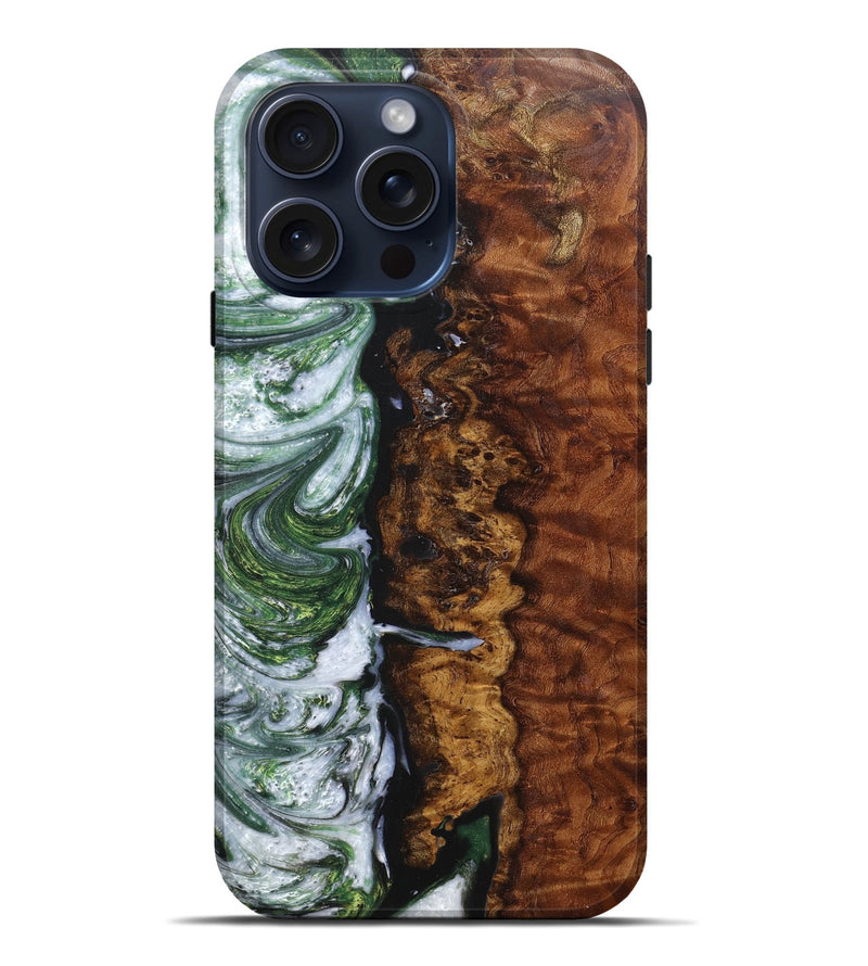 iPhone 15 Pro Max Wood+Resin Live Edge Phone Case - Emilee (Green, 669268)