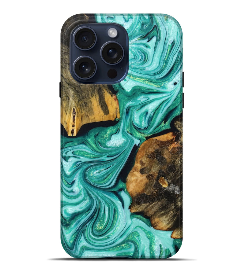 iPhone 15 Pro Max Wood+Resin Live Edge Phone Case - Neil (Green, 669269)