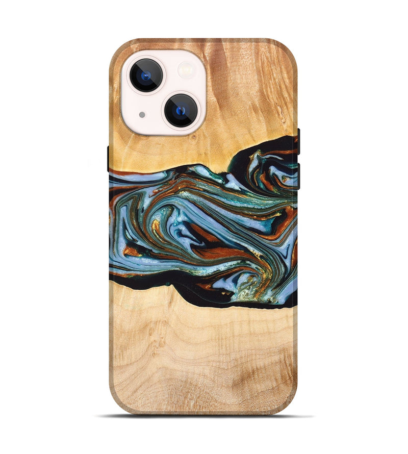 iPhone 14 Wood+Resin Live Edge Phone Case - Collins (Teal & Gold, 669272)
