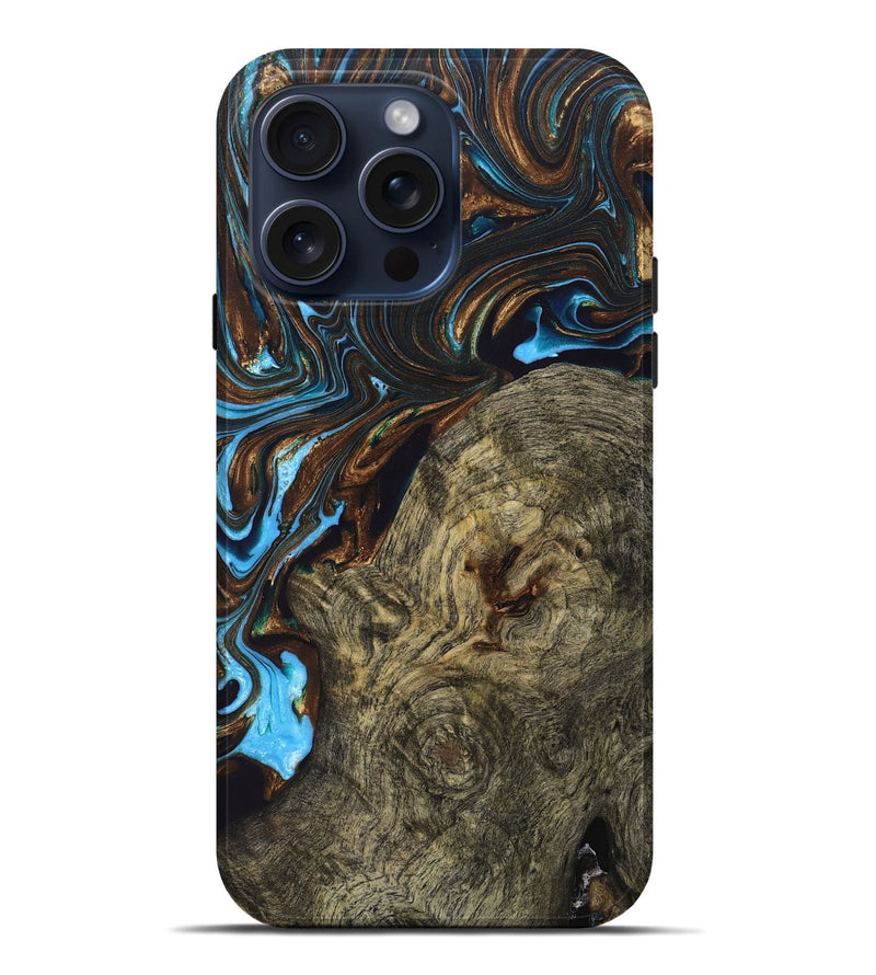 iPhone 15 Pro Max Wood+Resin Live Edge Phone Case - Weston (Teal & Gold, 669275)
