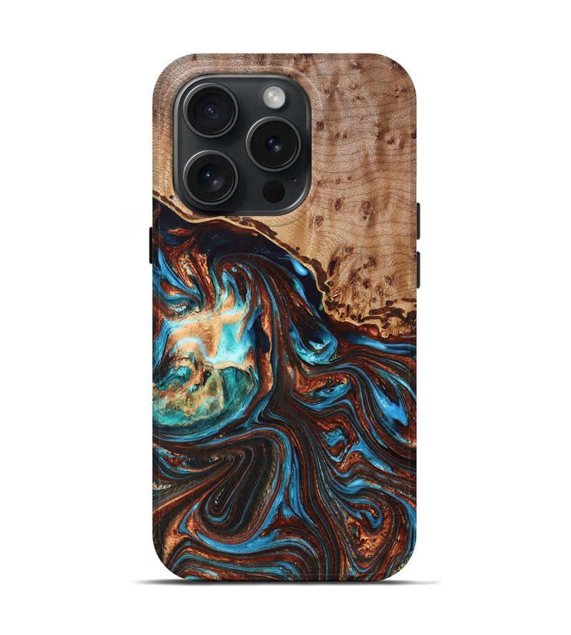 iPhone 15 Pro Wood+Resin Live Edge Phone Case - Deja (Teal & Gold, 669276)