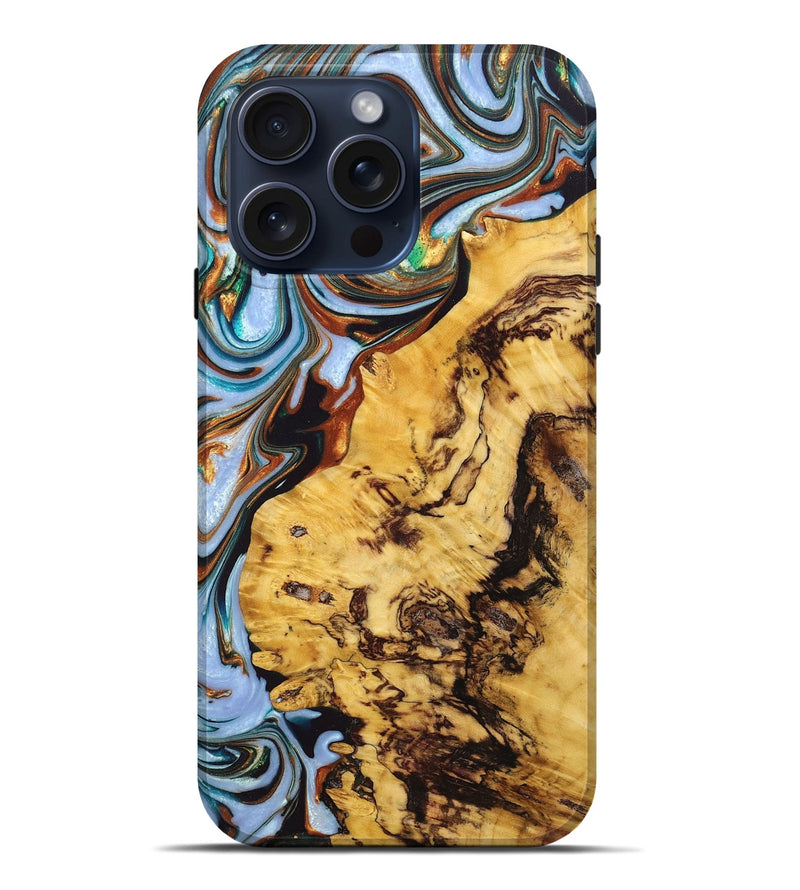 iPhone 15 Pro Max Wood+Resin Live Edge Phone Case - Taryn (Teal & Gold, 669277)