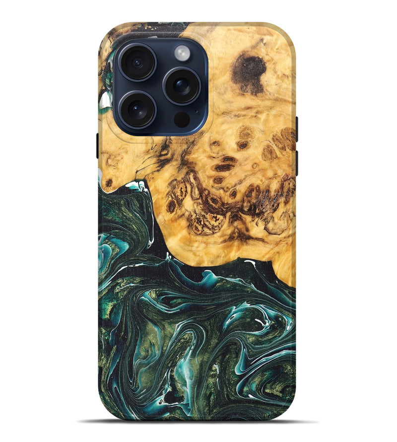 iPhone 15 Pro Max Wood+Resin Live Edge Phone Case - Mickey (Green, 669533)