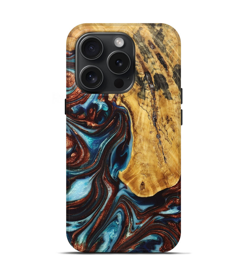 iPhone 15 Pro Wood+Resin Live Edge Phone Case - Khalil (Teal & Gold, 669559)