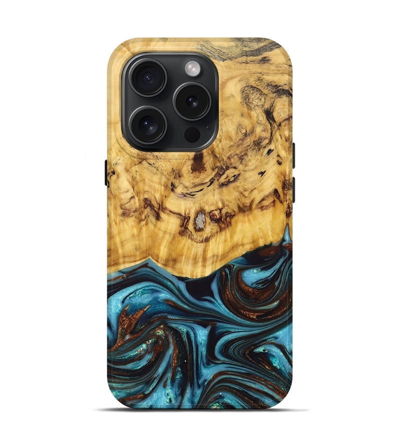 iPhone 15 Pro Wood+Resin Live Edge Phone Case - Gregory (Teal & Gold, 669560)