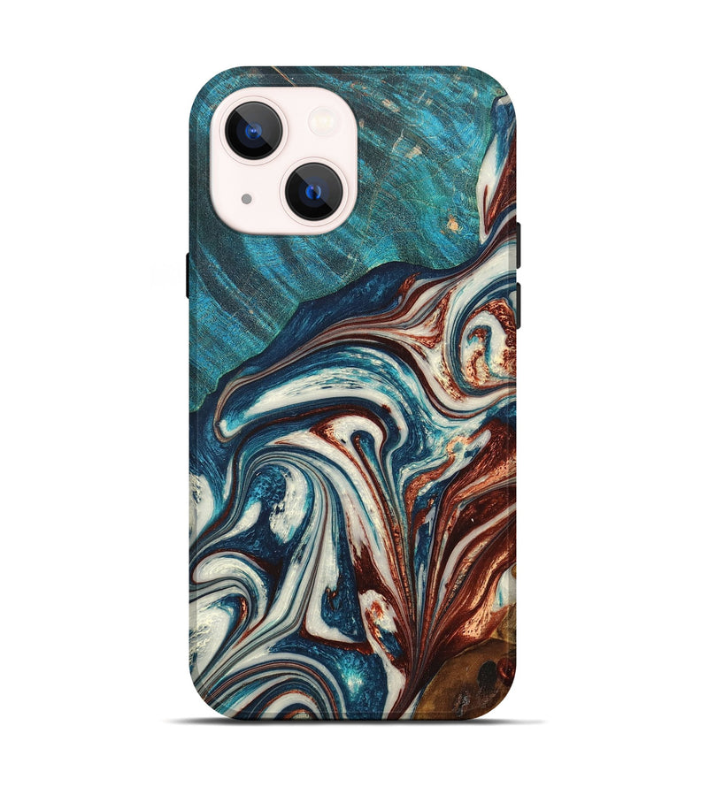 iPhone 14 Wood+Resin Live Edge Phone Case - Floyd (Teal & Gold, 669562)