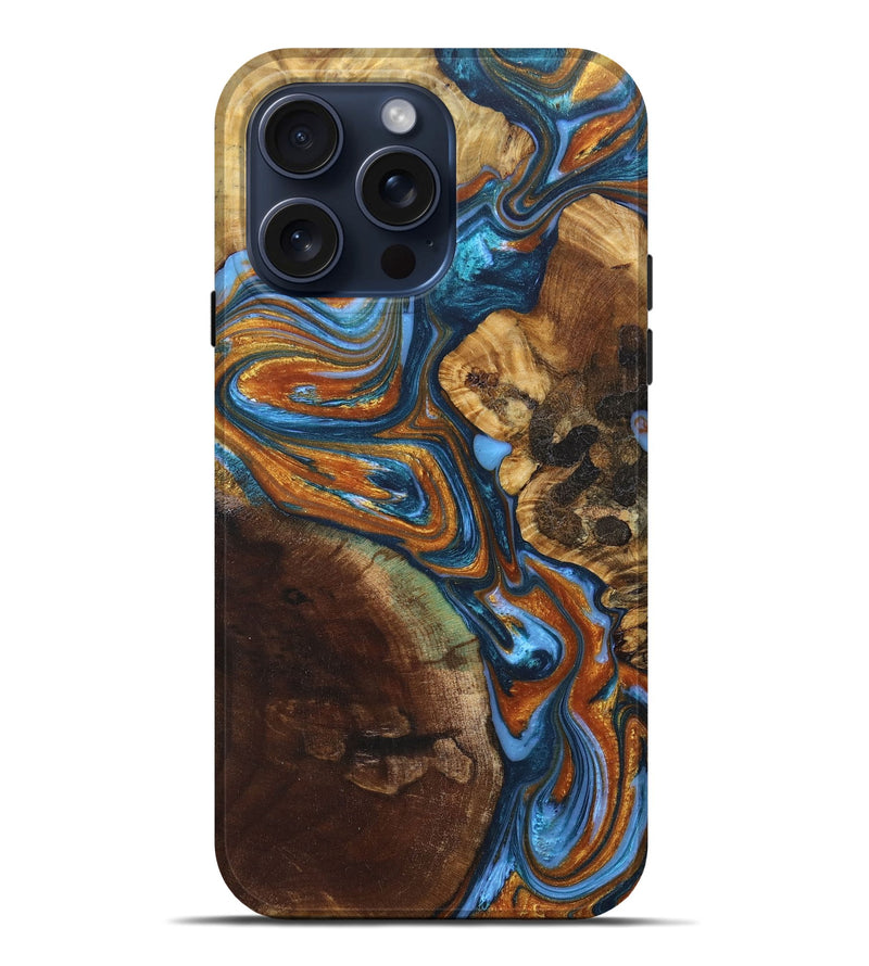 iPhone 15 Pro Max Wood+Resin Live Edge Phone Case - Jaclyn (Teal & Gold, 669563)