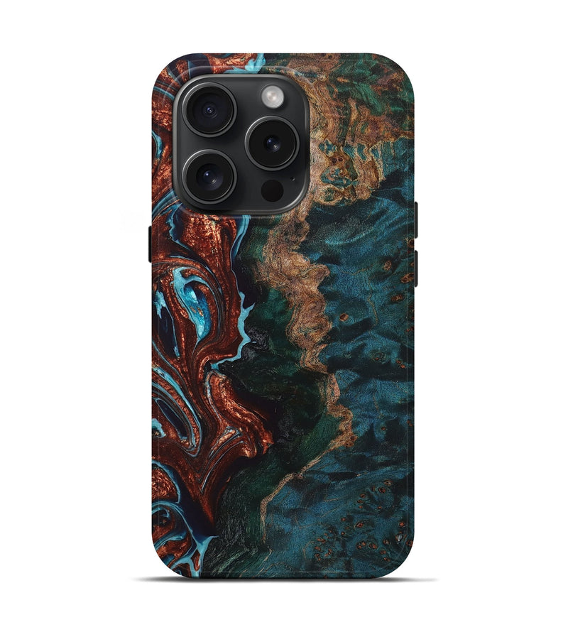 iPhone 15 Pro Wood+Resin Live Edge Phone Case - Tamra (Teal & Gold, 669565)