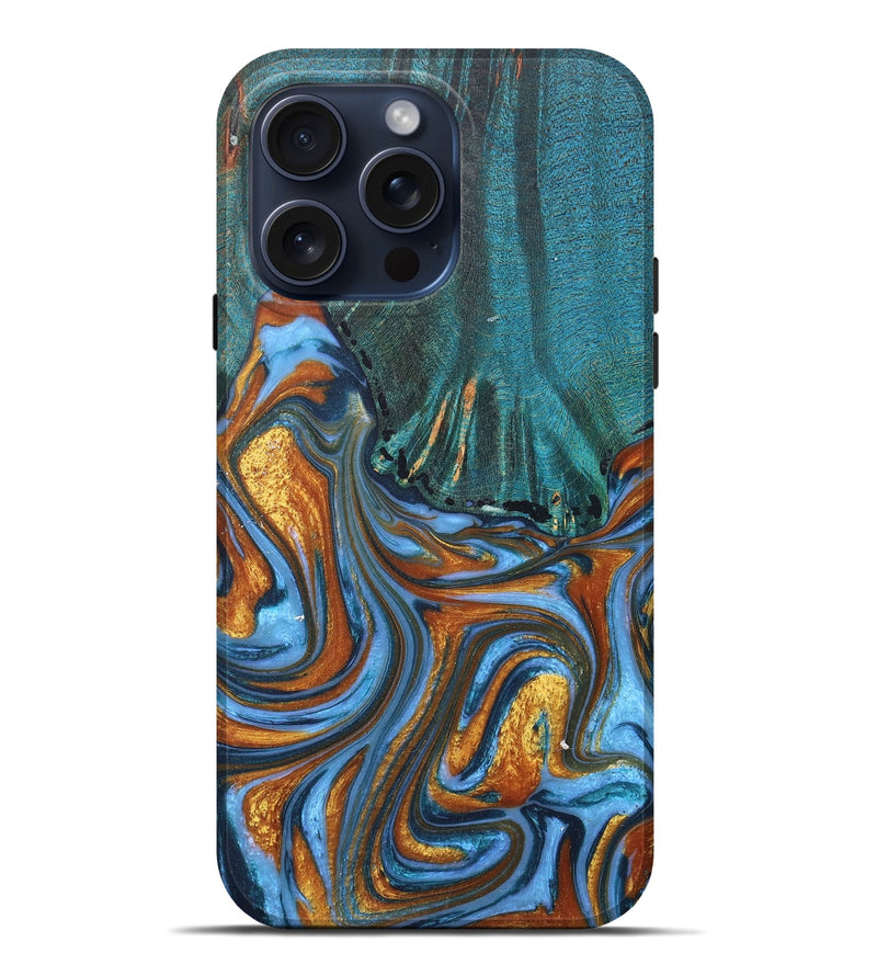 iPhone 15 Pro Max Wood+Resin Live Edge Phone Case - Miley (Teal & Gold, 669566)