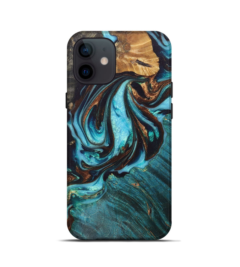 iPhone 12 mini Wood+Resin Live Edge Phone Case - Trista (Teal & Gold, 669567)