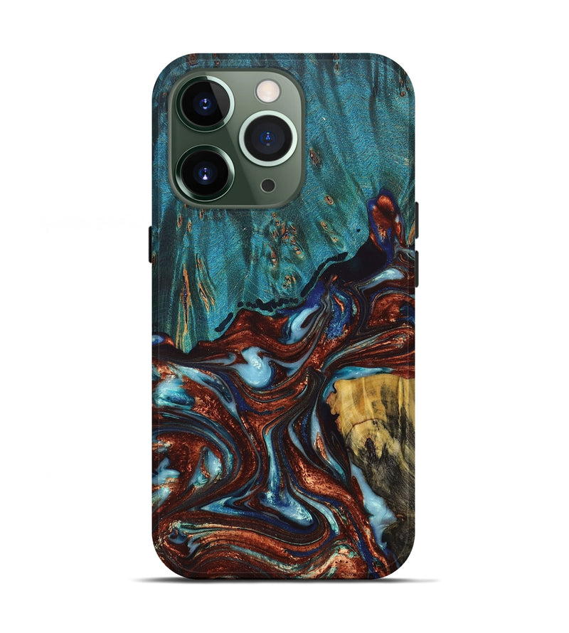 iPhone 13 Pro Wood+Resin Live Edge Phone Case - Zoe (Teal & Gold, 669568)