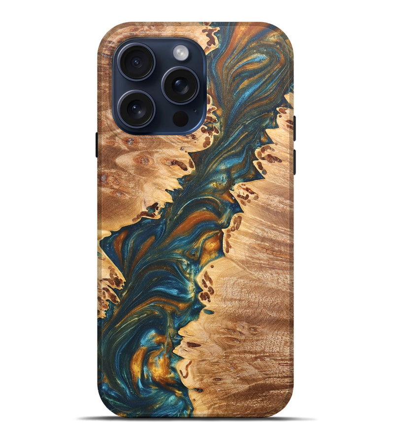 iPhone 15 Pro Max Wood+Resin Live Edge Phone Case - Londyn (Teal & Gold, 669572)