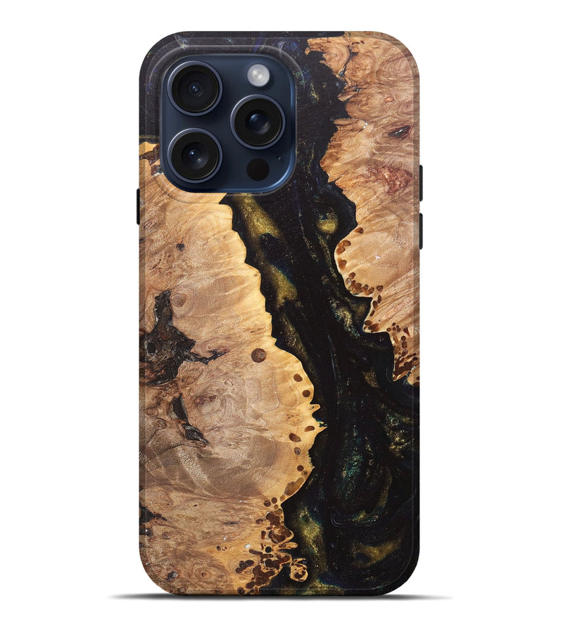 iPhone 15 Pro Max Wood+Resin Live Edge Phone Case - Bernard (Teal & Gold, 669581)