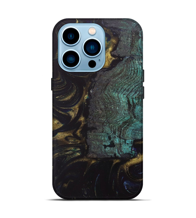 iPhone 14 Pro Wood+Resin Live Edge Phone Case - Caleb (Teal & Gold, 669582)
