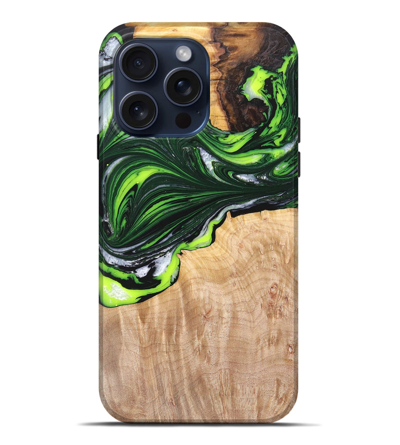 iPhone 15 Pro Max Wood+Resin Live Edge Phone Case - Geraldine (Green, 669590)