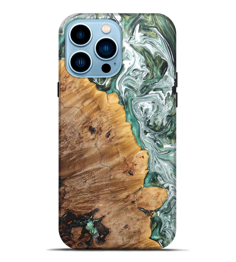 iPhone 14 Pro Max Wood+Resin Live Edge Phone Case - Elliot (Green, 669598)