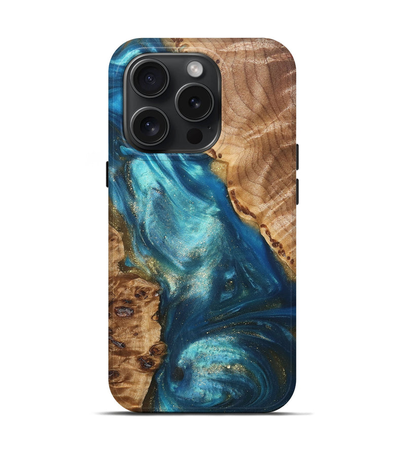 iPhone 15 Pro Wood+Resin Live Edge Phone Case - Chris (Teal & Gold, 669757)