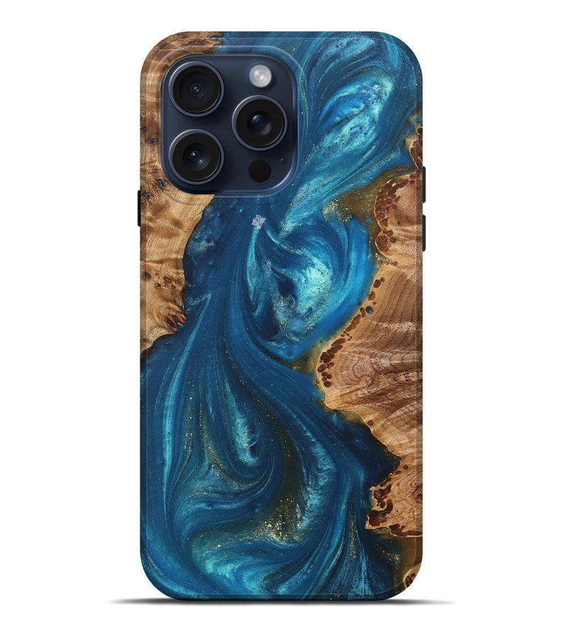 iPhone 15 Pro Max Wood+Resin Live Edge Phone Case - Hayes (Teal & Gold, 669764)