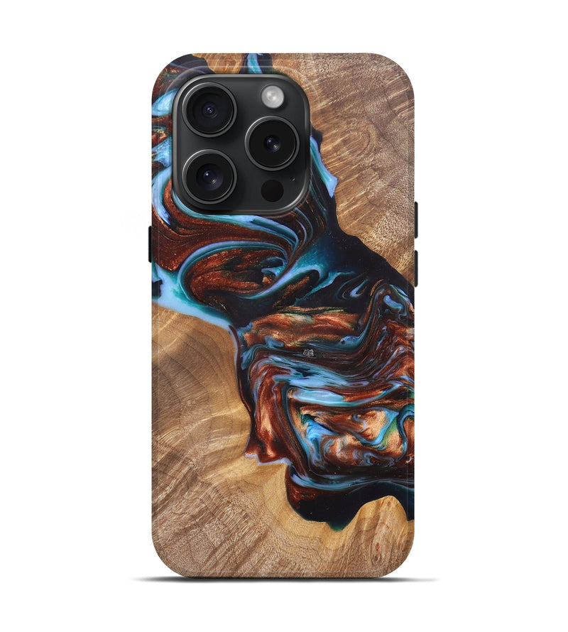 iPhone 15 Pro Wood+Resin Live Edge Phone Case - Lucia (Teal & Gold, 669793)