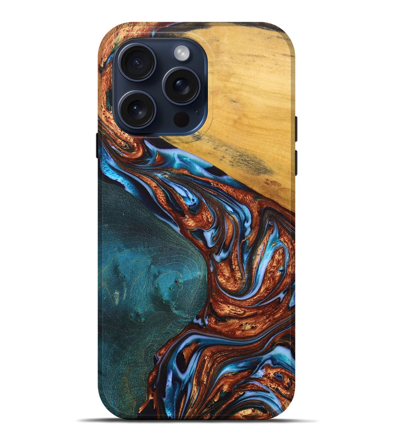 iPhone 15 Pro Max Wood+Resin Live Edge Phone Case - Robin (Teal & Gold, 669794)