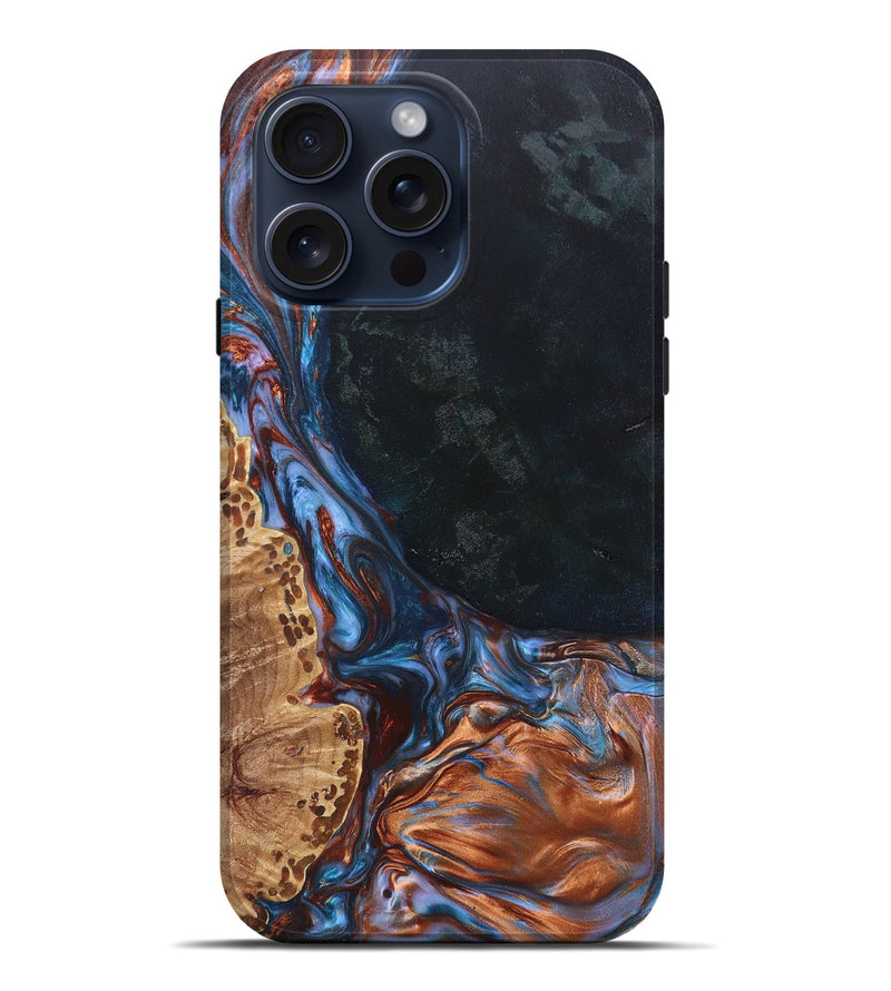 iPhone 15 Pro Max Wood+Resin Live Edge Phone Case - Max (Teal & Gold, 669795)