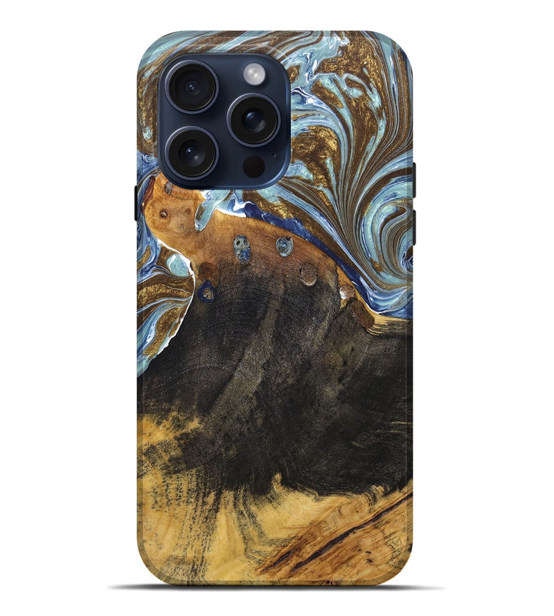 iPhone 15 Pro Max Wood+Resin Live Edge Phone Case - Nadia (Teal & Gold, 669796)