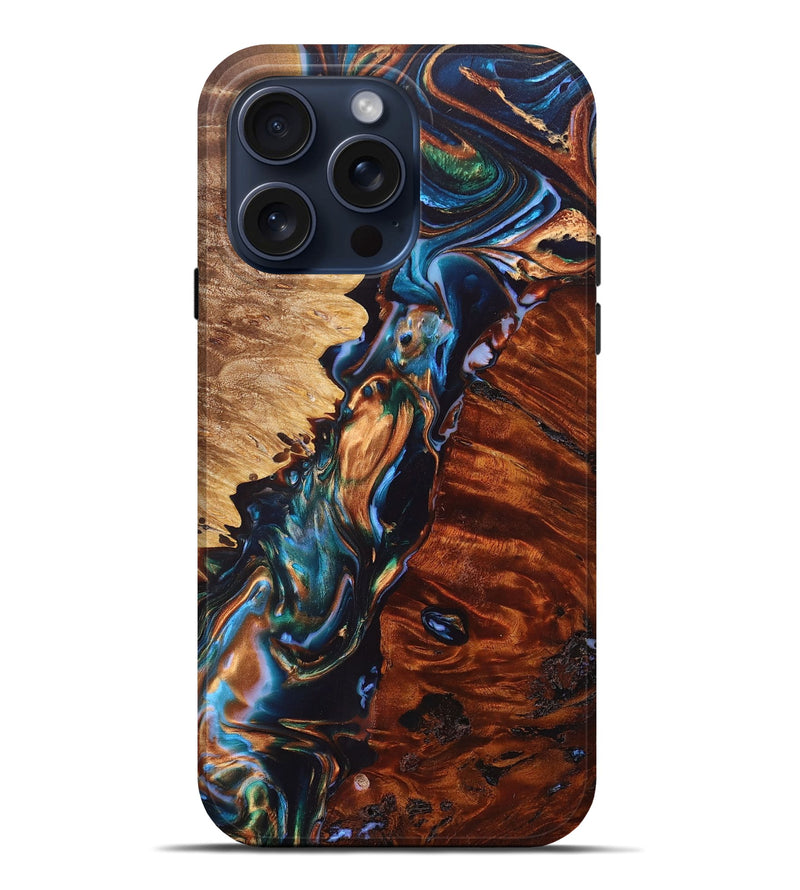 iPhone 15 Pro Max Wood+Resin Live Edge Phone Case - Bret (Teal & Gold, 669797)