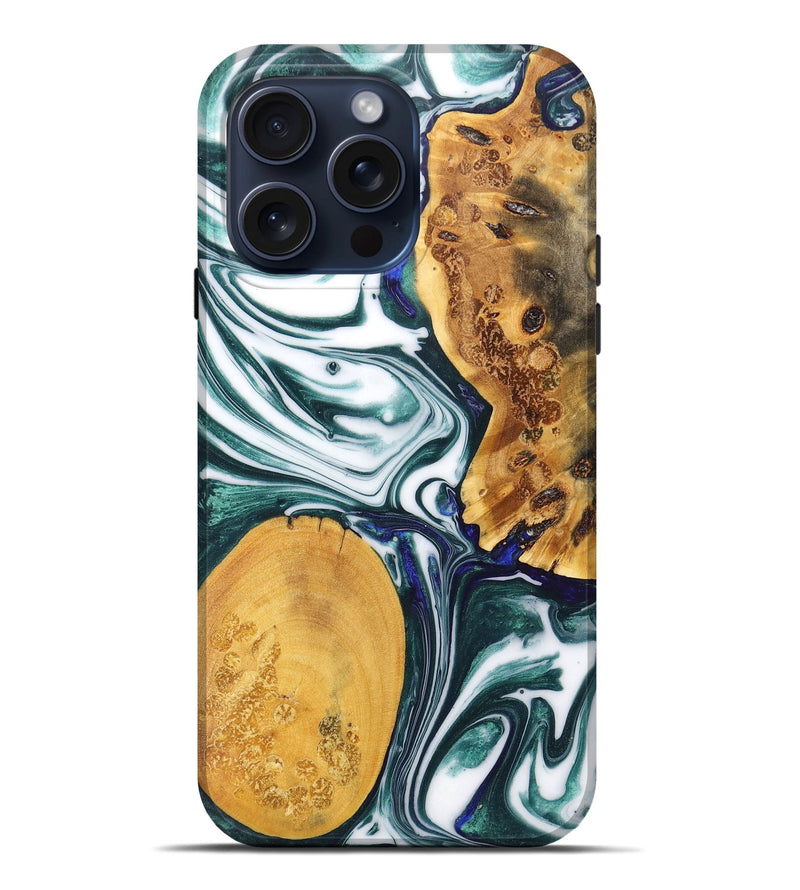 iPhone 15 Pro Max Wood+Resin Live Edge Phone Case - Jasper (Green, 669958)