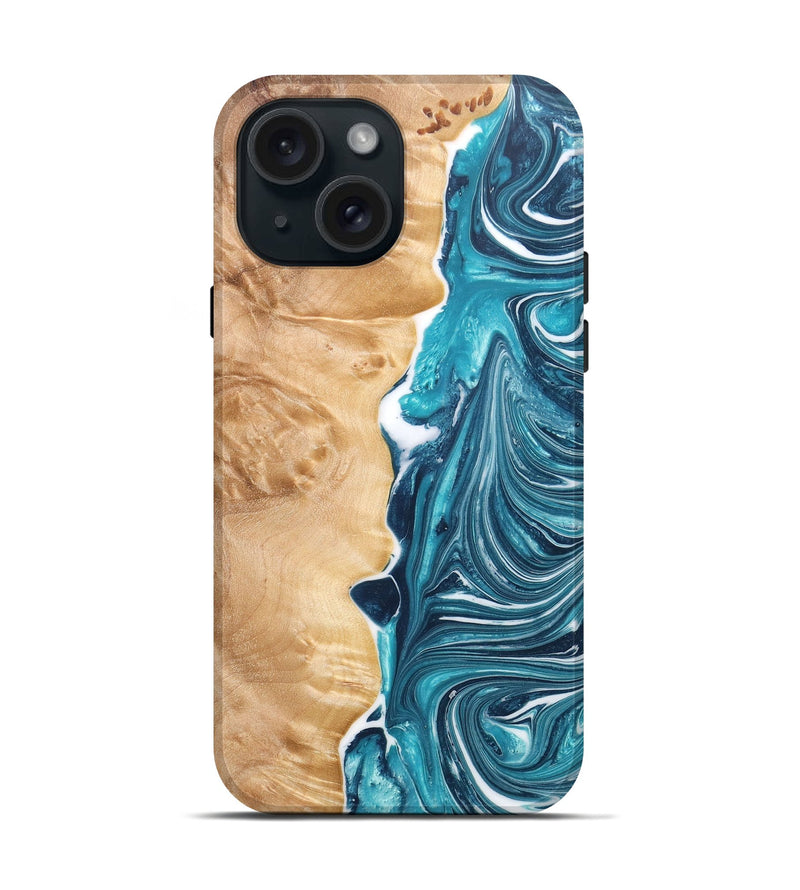 iPhone 15 Wood+Resin Live Edge Phone Case - Trent (Blue, 669974)