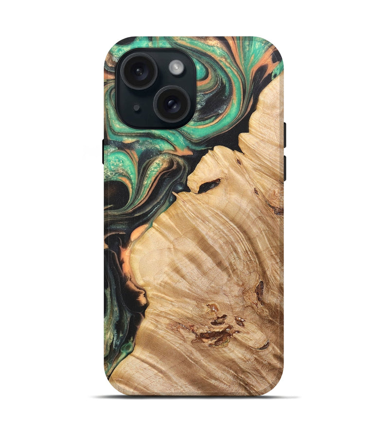 iPhone 15 Wood+Resin Live Edge Phone Case - Jane (Green, 670035)