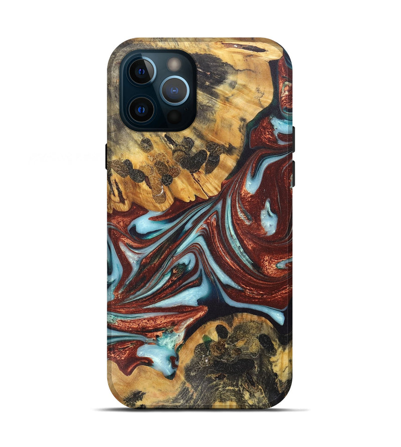 iPhone 12 Pro Wood+Resin Live Edge Phone Case - Jerry (Teal & Gold, 670039)