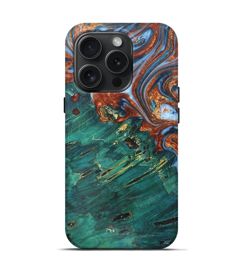 iPhone 15 Pro Wood+Resin Live Edge Phone Case - Jo (Teal & Gold, 670040)