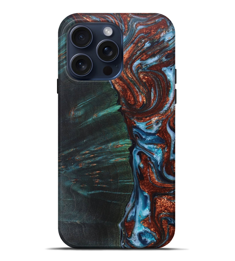 iPhone 15 Pro Max Wood+Resin Live Edge Phone Case - Emerson (Teal & Gold, 670041)