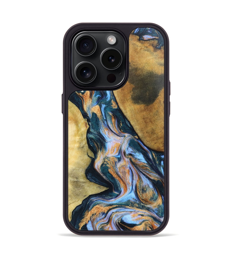 iPhone 15 Pro Wood+Resin Phone Case - Hannah (Teal & Gold, 670133)