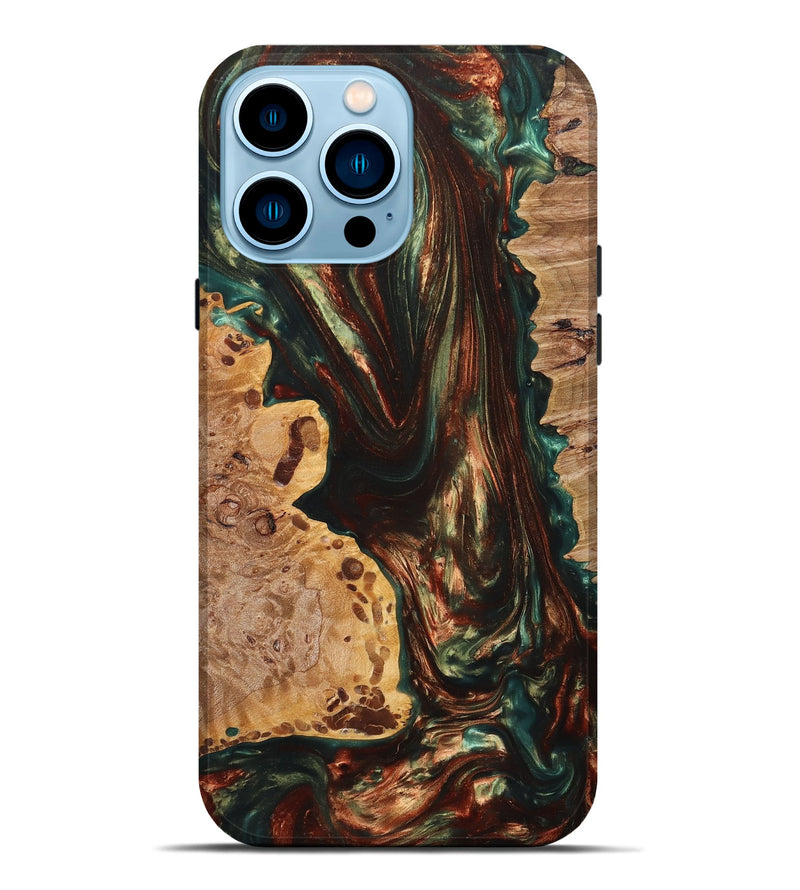 iPhone 14 Pro Max Wood+Resin Live Edge Phone Case - Gerald (Teal & Gold, 670510)