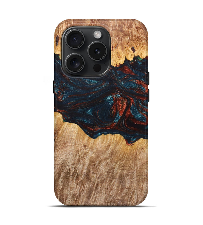 iPhone 15 Pro Wood+Resin Live Edge Phone Case - Cheri (Teal & Gold, 670543)