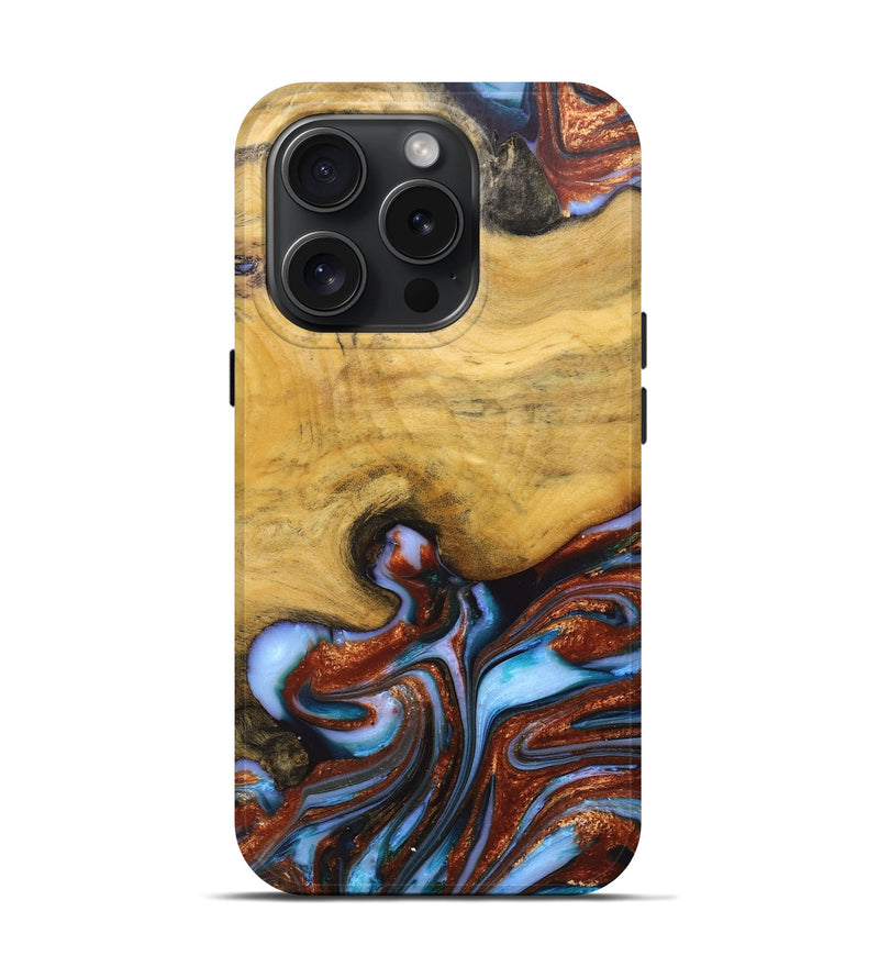 iPhone 15 Pro Wood+Resin Live Edge Phone Case - Andy (Teal & Gold, 670816)